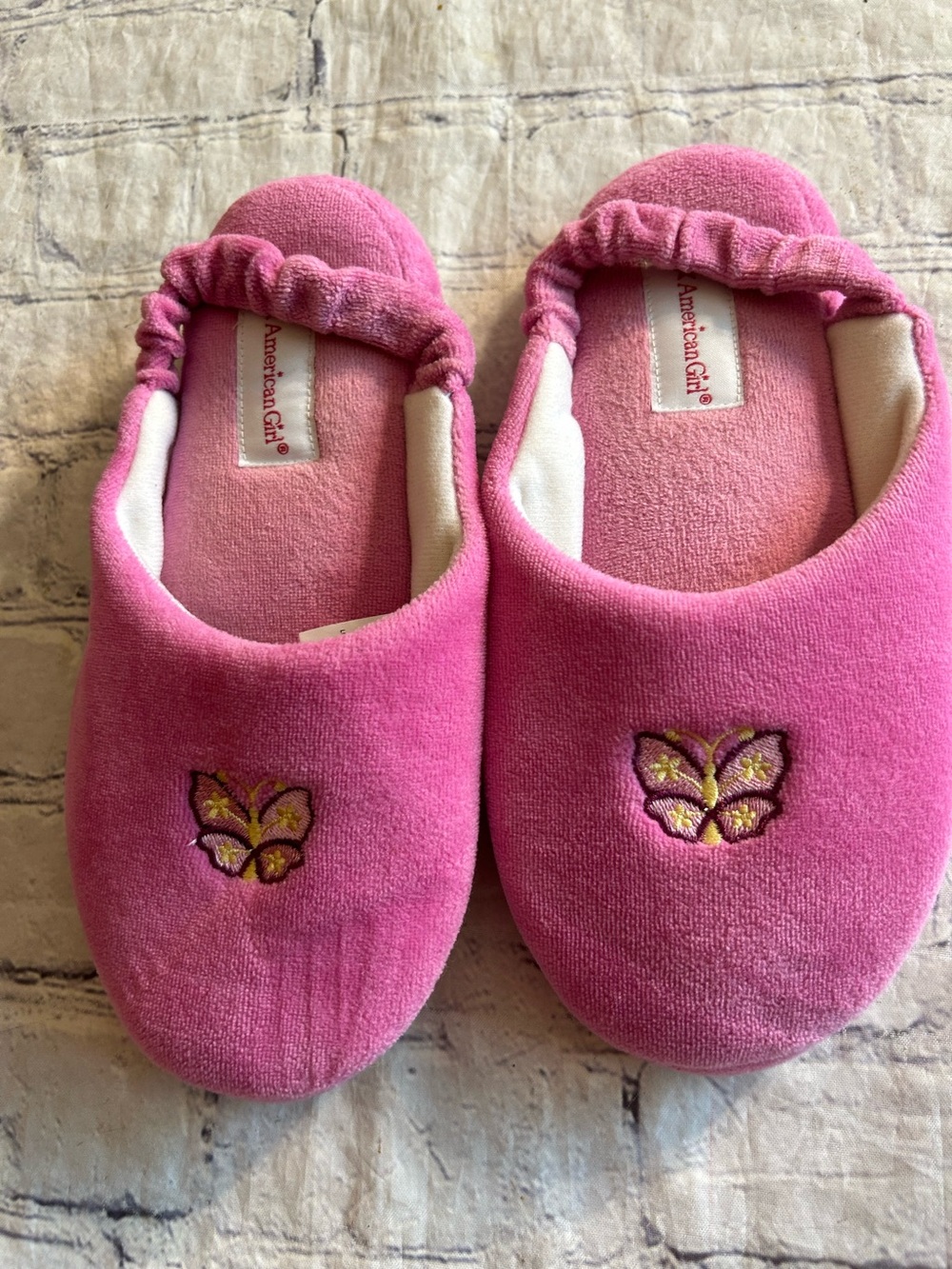 AMERICAN GIRL JULIES PAJAMA SLIPPERS PINK VELOUR FABRIC EMBROIDERED BUTTERFLIES